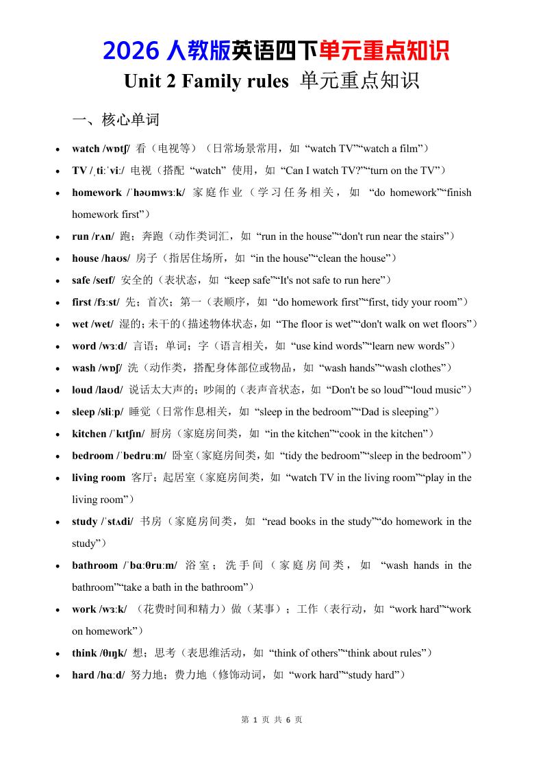 四年级下英语Unit2重点知识汇总《人教版PEP》
