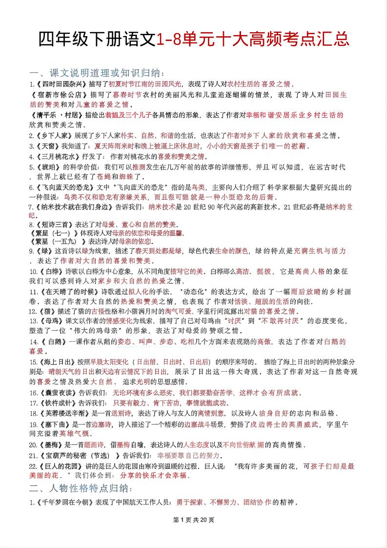 四年级下语文1-8单元十大高频考点汇总
