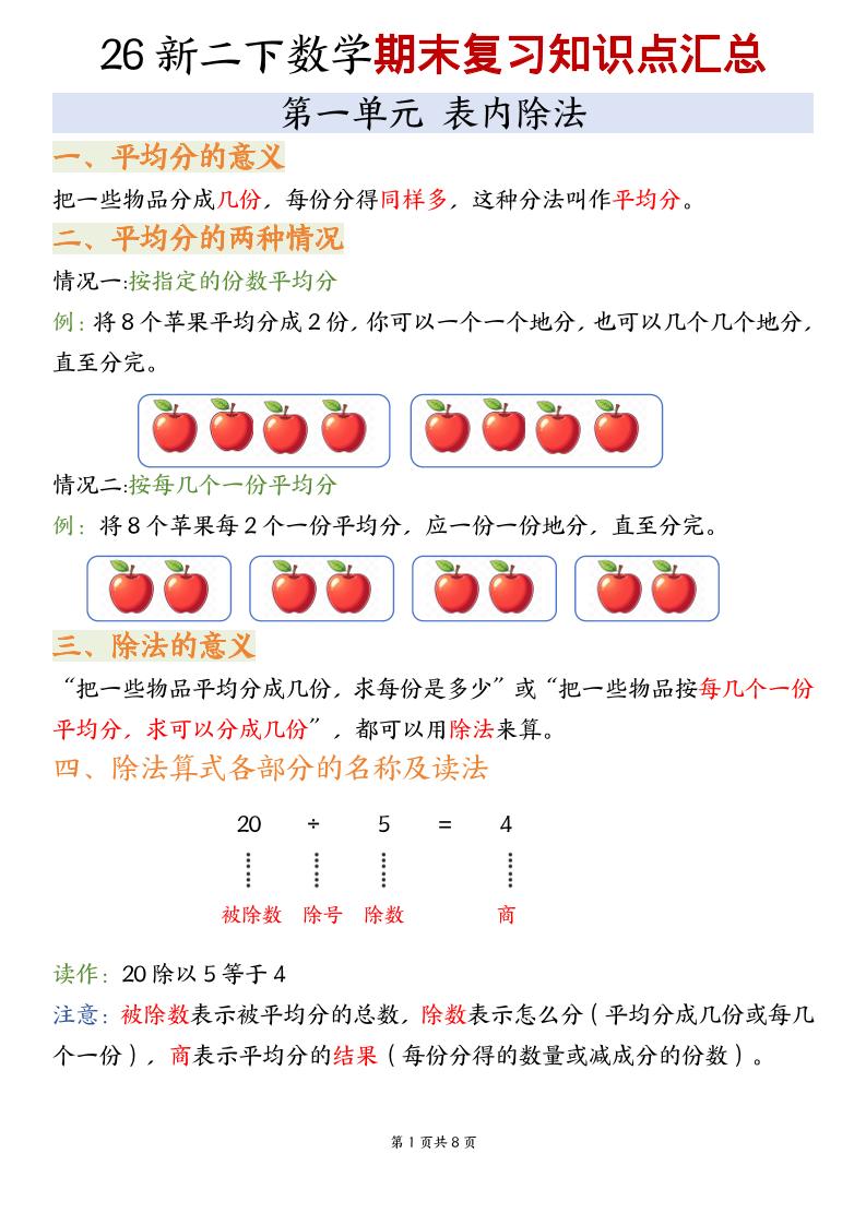 二年级下数学期末复习知识点汇总《沪教版》