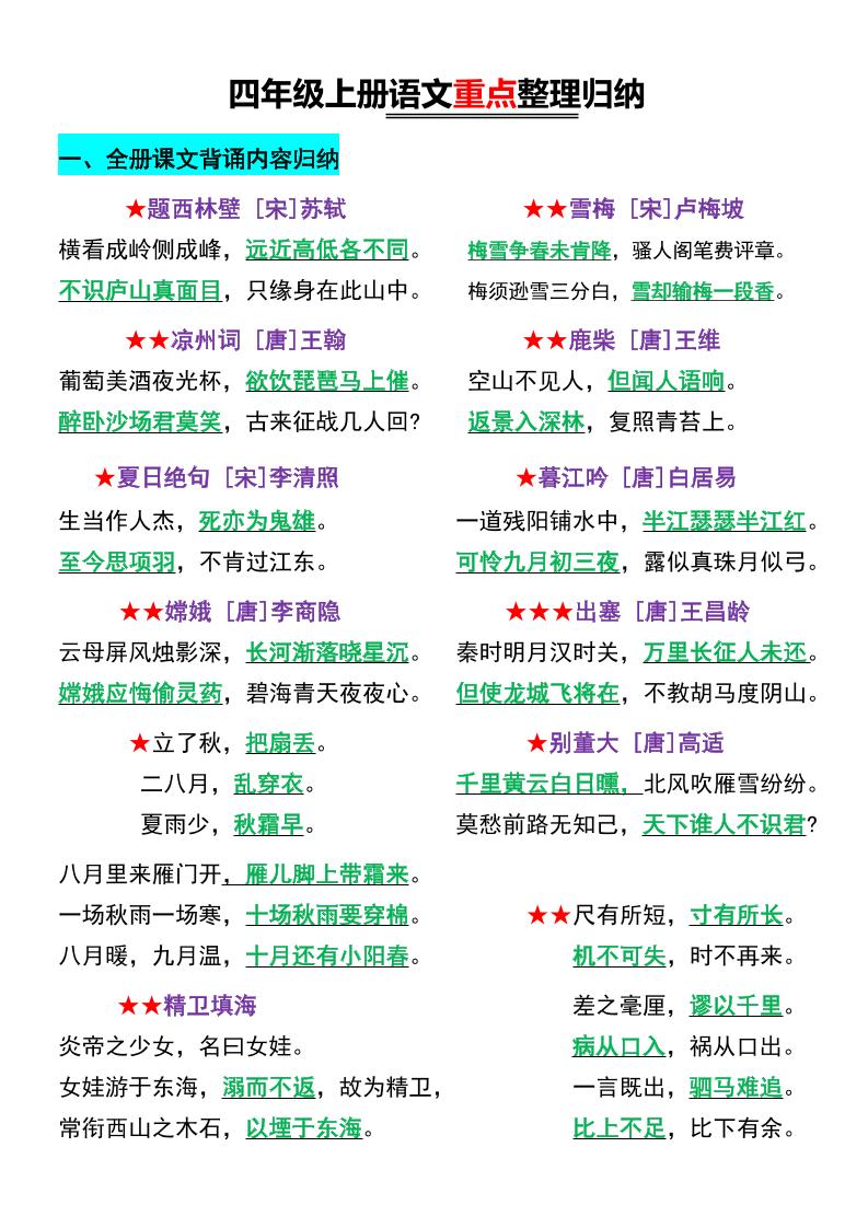 四年级上册语文重点整理归纳