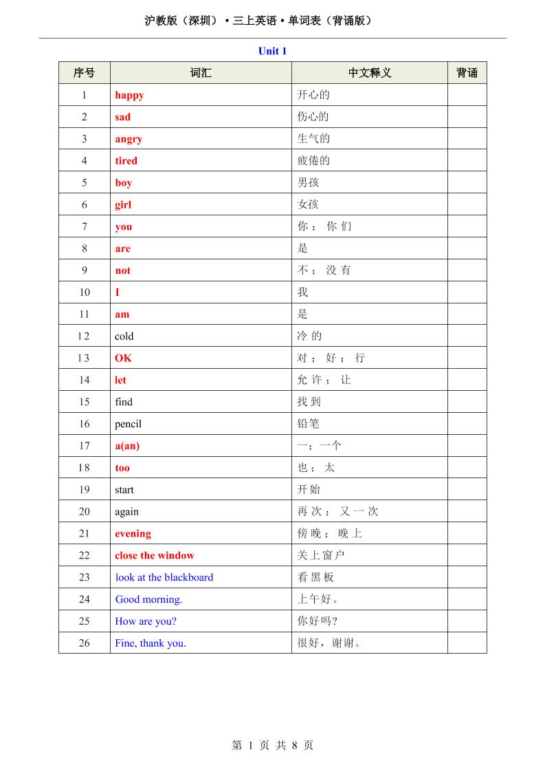 沪教版（深圳）·三上英语·单词表（背诵版）